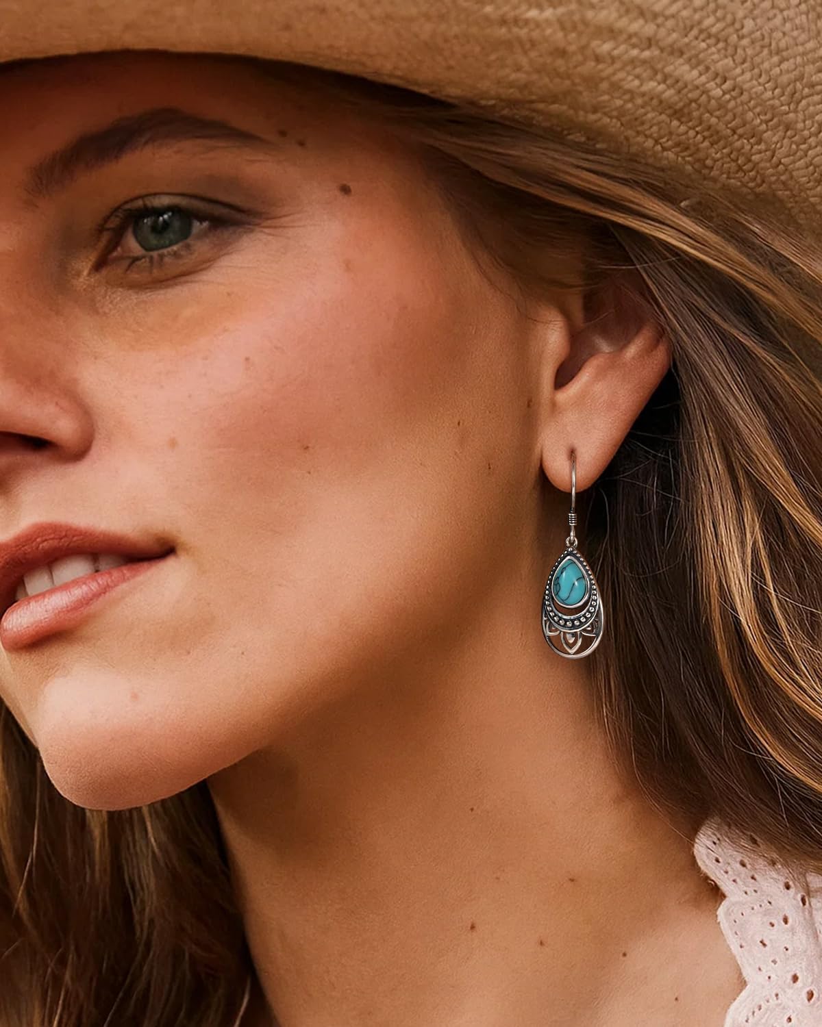 Turquoise Earrings for Women, 925 Sterling Silver Natural Stone Drop Dangle Earrings, Vintage Boho Western Celtic Inspired Jewelry for Daily Wear Birthday Anniversary Mother’s Day Gifts for Mom Wife Girlfriend