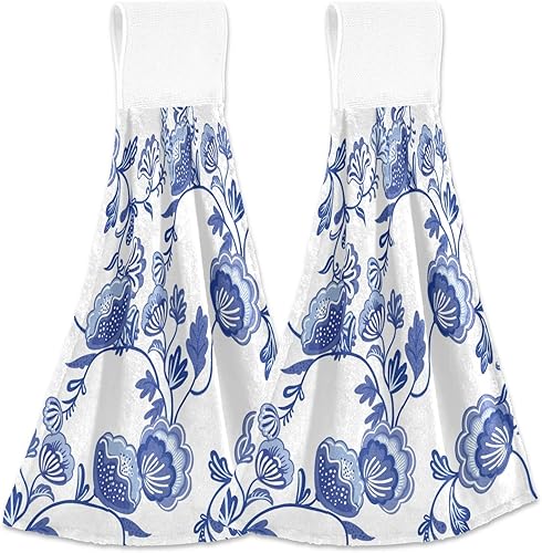 2 toallas de cocina colgantes con hermosas flores azules, estilo chinoiserie, toallas de baño de mano súper absorbentes, toallas de cocina de