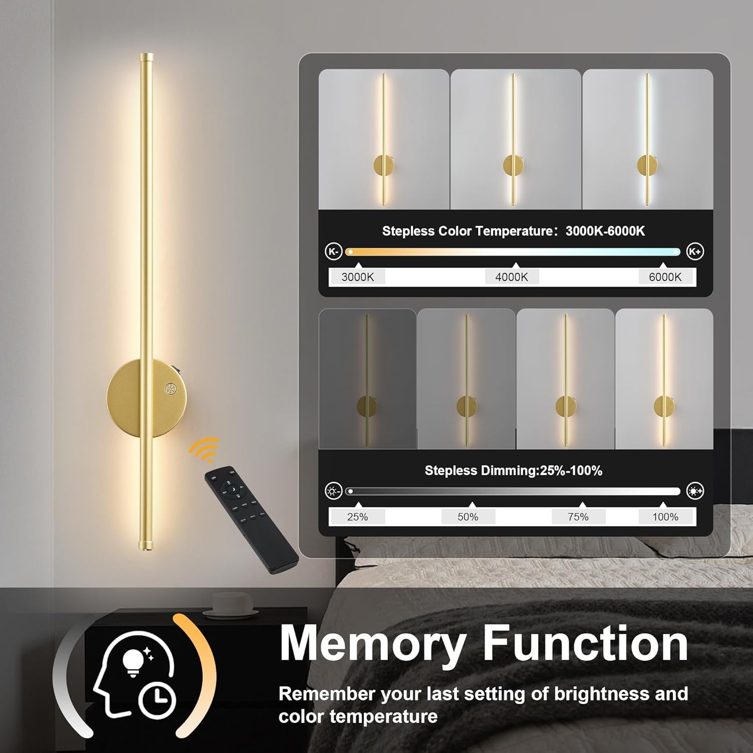 Lámpara de Pared LED Recargable Sin Conexión Eléctrica 100CM Largo Luz de Pared Detector de Movimiento Inalámbrico Luz de Pared Lámpara de Salón Regulable Mando a Distancia Luces,Oro,60CM