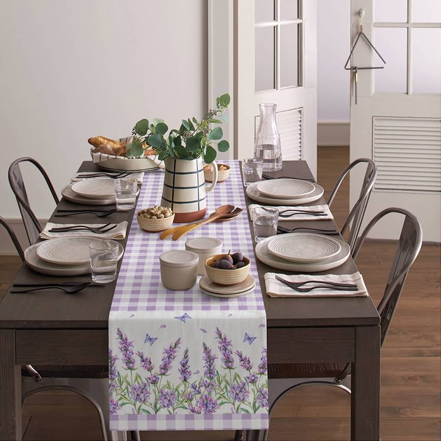 Amazon|テーブルランナー 花 ラベンダー 蝶 紫のチェック柄 テーブル Amazon|テーブルランナー 花 ラベンダー 蝶 紫のチェック柄 テーブル