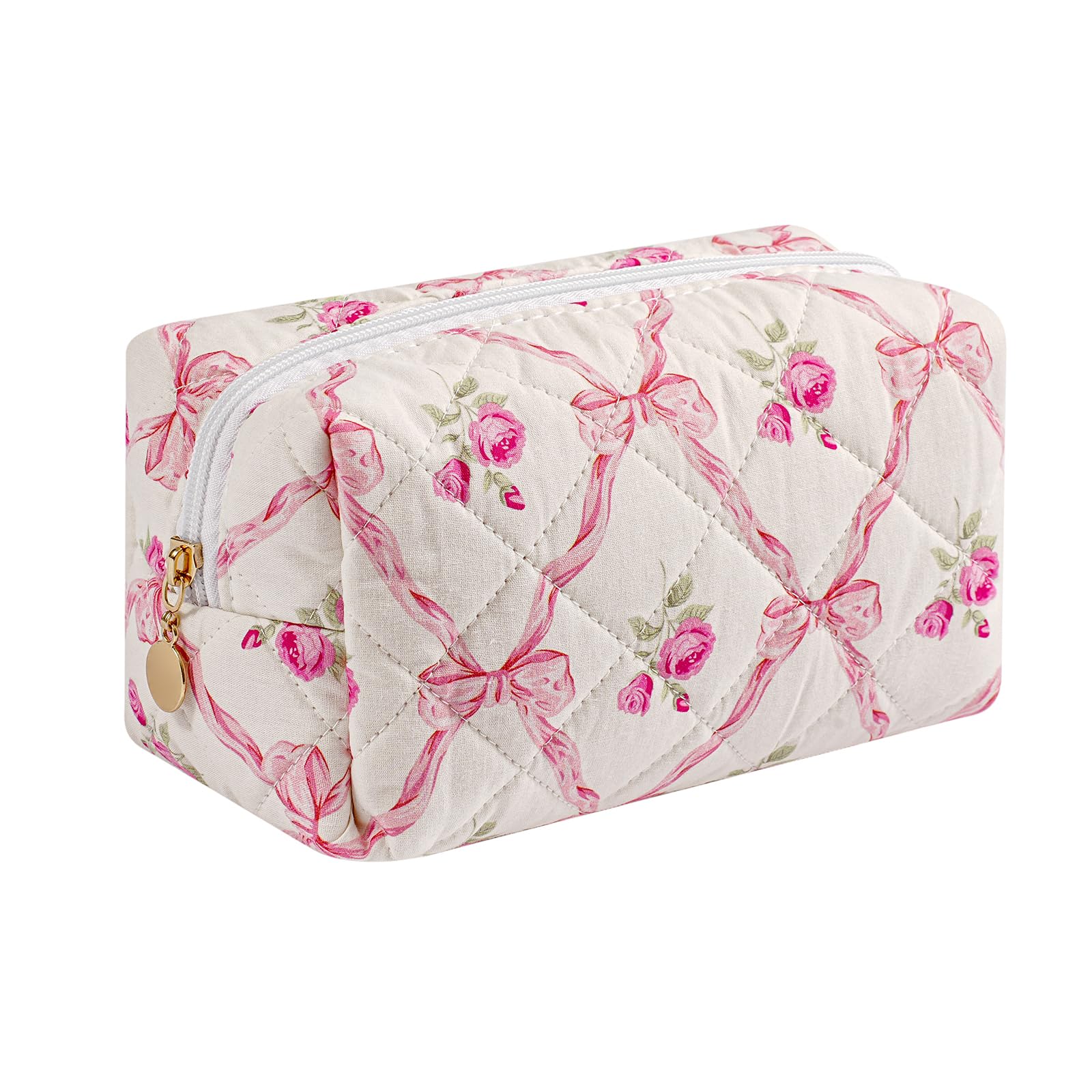 HHQQWZ Quilted Cotton Makeup Bag Travel Cosmetic Bag for Women Girls, Zipper Make Up Pouch, Bow Pattern Toiletry Organizer Makeup, Portable Storage