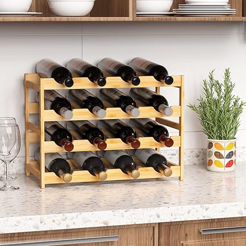 Miniatura 5 de Ruichang Estante de vino resistente para encimera de vino, soporte de bambú para botellas de vino, estantes de almacenamiento de vino, soportes para