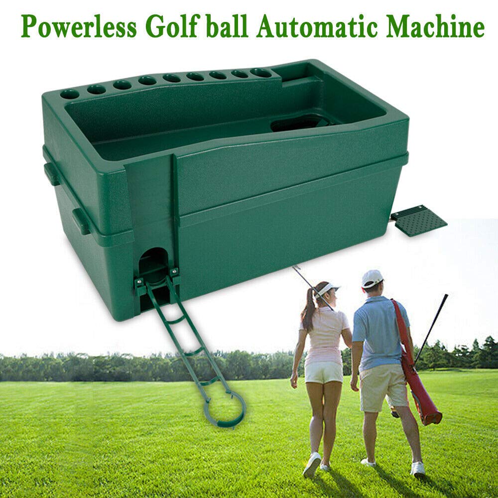 Automatic Golf Ball Dispenser Training Auto Tee Up Machine W Cue Holder Golfball Club Organizer Cueholder Green Container With Automatischer Golfballspender Golfball-Spender Powerless Practice
