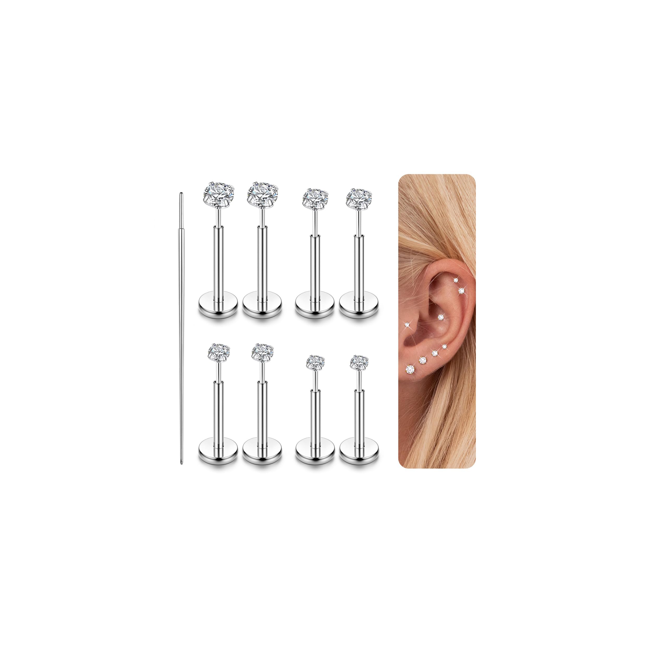 LOLIAS 14K Gold Filled Threadless Nose Studs CZ Nose Rings for Women Men 316L Surgical Steel Labret Studs Lip Rings Push in Flat Back Stud Earrings CZ Nose Nostril Tragus Helix Piercing Jewelry