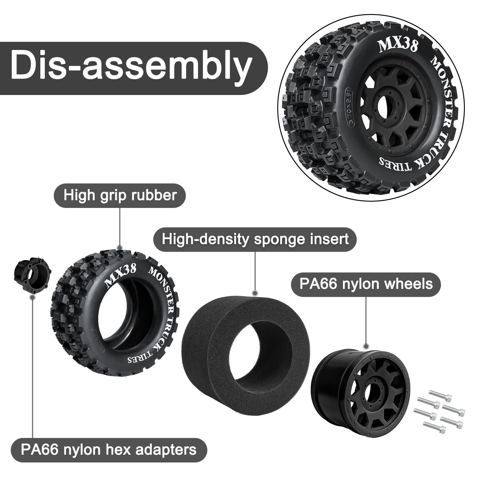 Amazon | LRFHL MX38 F/R 3.8インチ RCタイヤとホイール 1/8