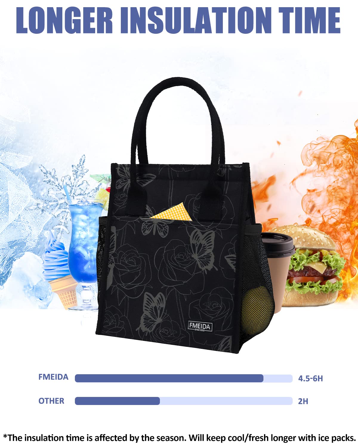 Lonchera aislada para mujer, bolsas de almuerzo grandes de 9 litros con múltiples bolsillos, bolsa térmica reutilizable para el trabajo, oficina, picnic, viajes, cierre de velcro, mariposa 6