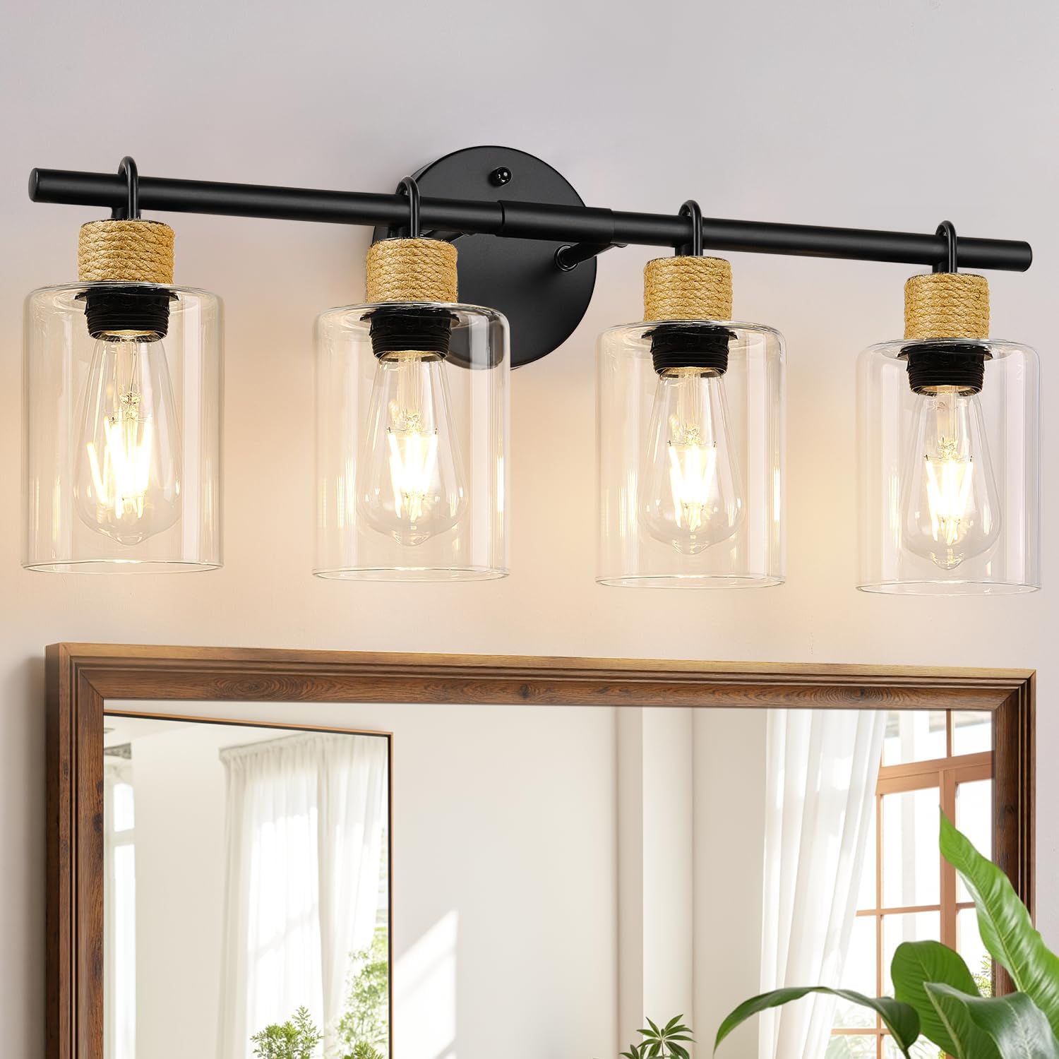 MOKATNG Bathroom Light Fixtures, 4-Light Farmhouse Vanity Lights with Hemp Rope, Black Bathroom Wall Lamp for Mirror Kitchen Hallway Cabinet