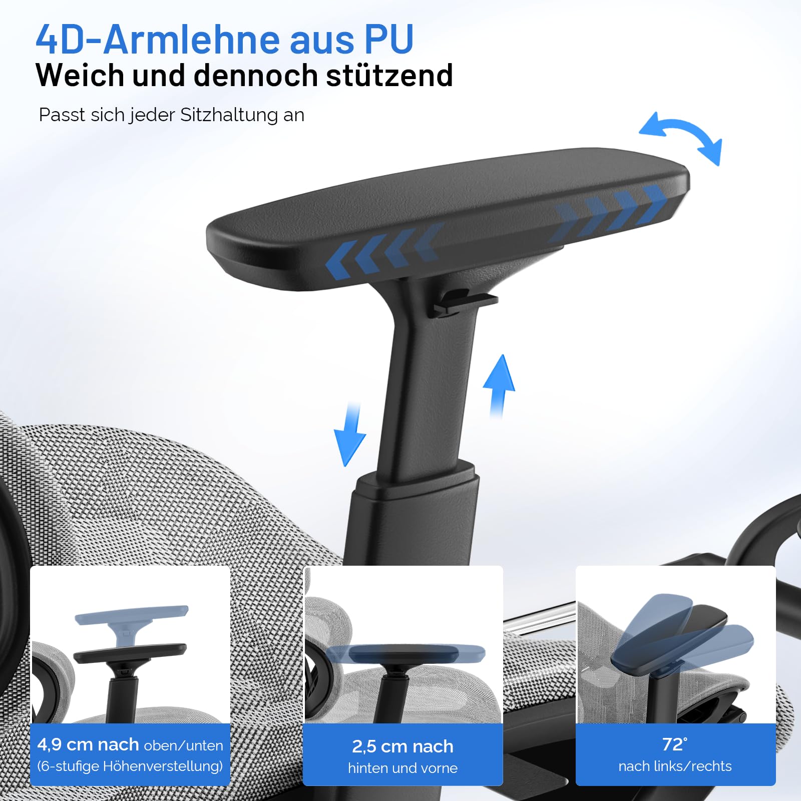 Bürostuhl Ergonomisch, Schreibtischstuhl mit Fußstütze, 90-120° Verstellbare Rückenlehne, Office Chair Lendenwirbelstütze, 4D PUArmlehnen, Stabile Metallbeine, Extra Breites Kissen Büro Gaming Stuhl