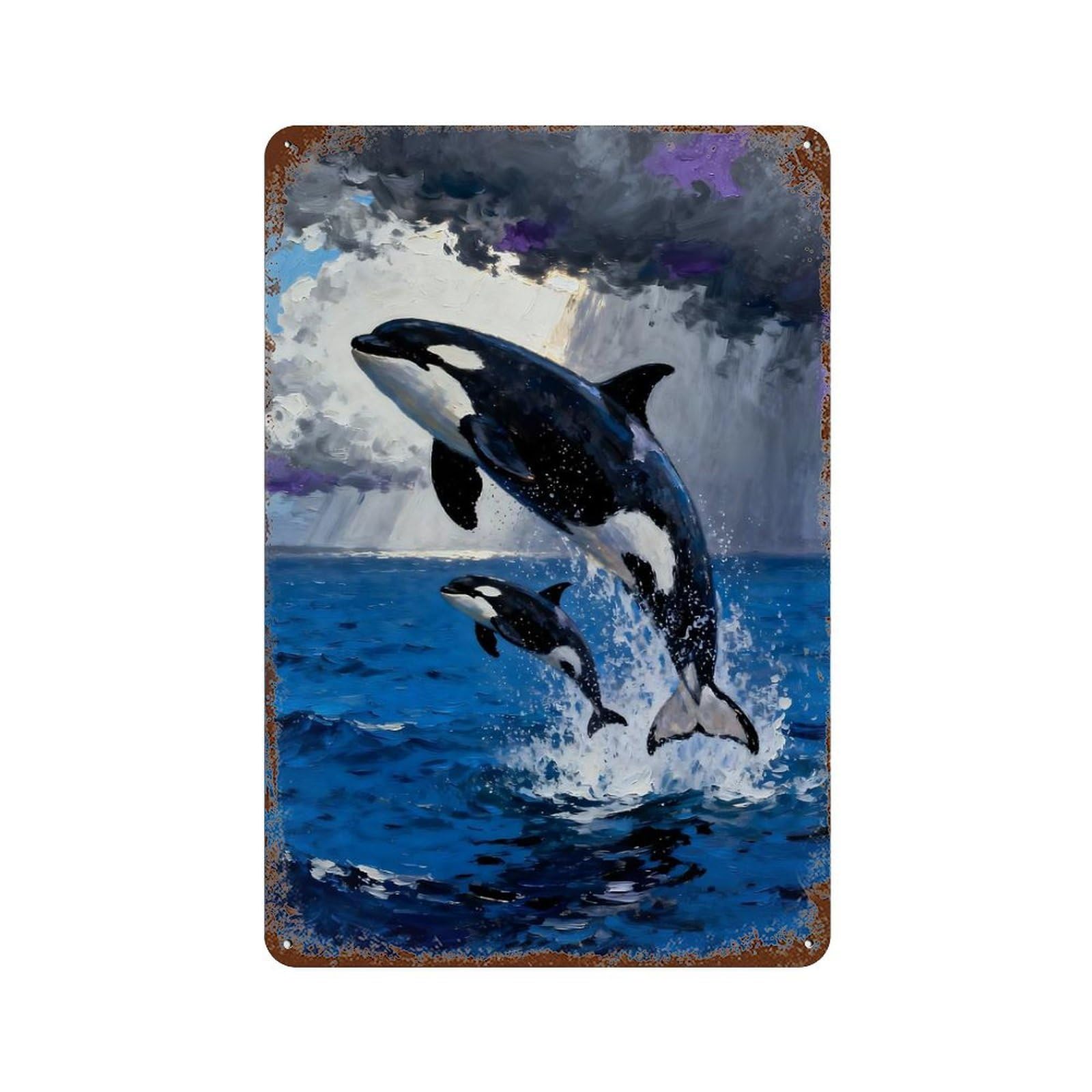 Orcas Leaping from The Ocean Painting Rusty Metal Tin Sign 11.8"x7.9", Ideal for Office, Studio And Wall Decor