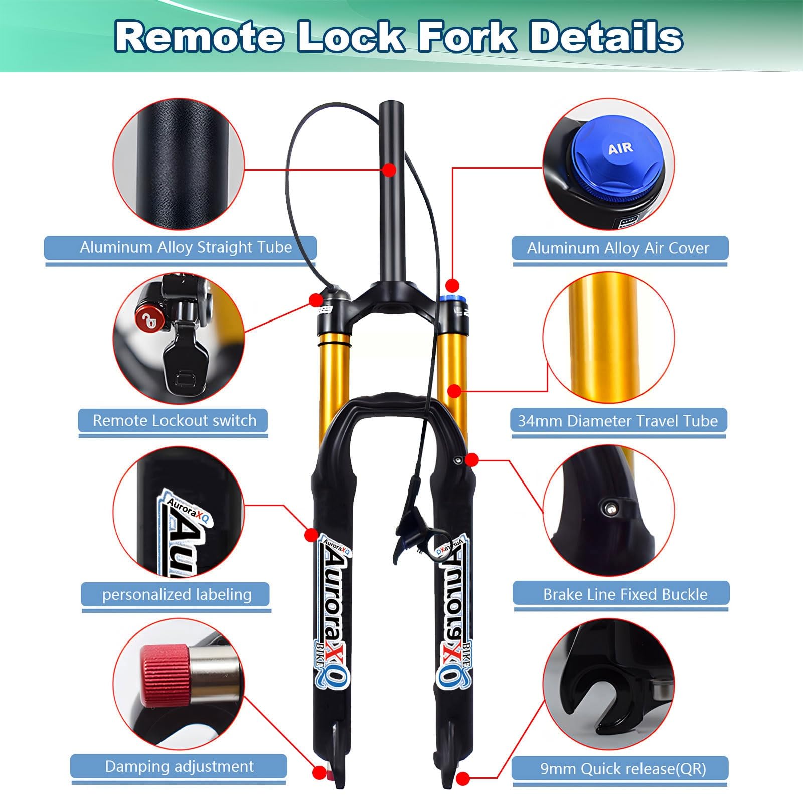 Forcella Ammortizzata AuroraXQ da 26/27,5/29 Pollici, Escursione 160 mm, Regolazione del Ritorno, sgancio rapido QR da 9 mm, 1-1/8" Dritta/conica, Anteriore per Mountain Bike MTB X