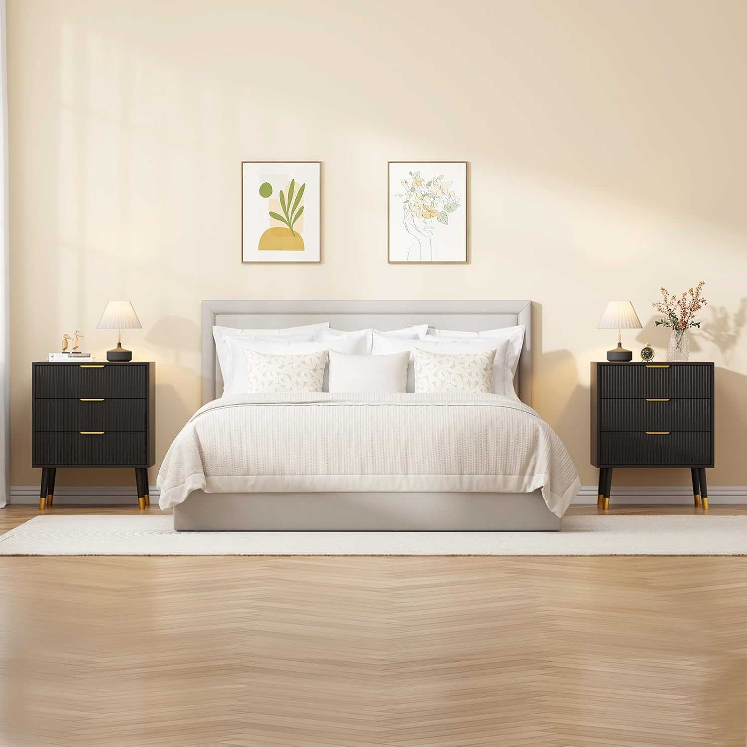 GarveeHome Fluted 3 Drawer Dresser Set of 2, Large Modern Nightstand Cabinet with Gold Metal Handles, End Table Wood Chest of Drawers for Bedroom, Living Room, Hallway- Black