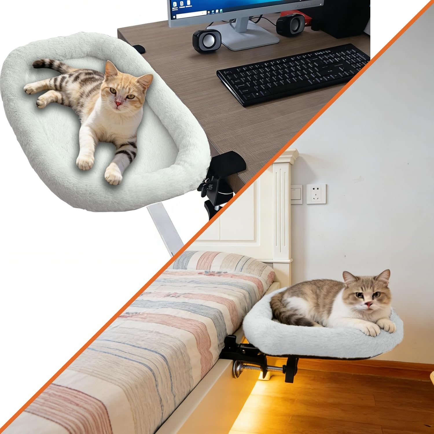 Cat Desk Bed&Cat Hammock for Desk and Bedside,90°Rotating&Height Adjustable,40 lbs Capacity,Soft Faux Fur with Reversible Mat,23.62x14.57x2.76 inch Modern Beige Cat Perch for Office&Game Tables(Beige)