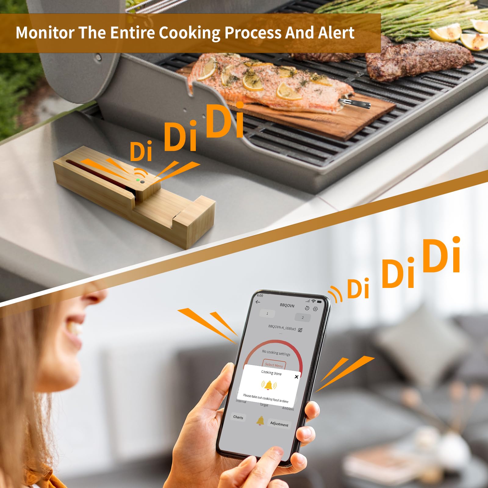 BBQOVN Termómetro inalámbrico para carne sin cable con mando a distancia, aplicación Bluetooth, termómetro para carne para control remoto de barbacoa, horno, Fuman