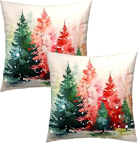 Miniatura 2 de 2 fundas de cojín decorativas de algodón con diseño de árboles de Navidad, acuarela, rojo y verde, 20 x 20 pulgadas, para invierno, regalo de