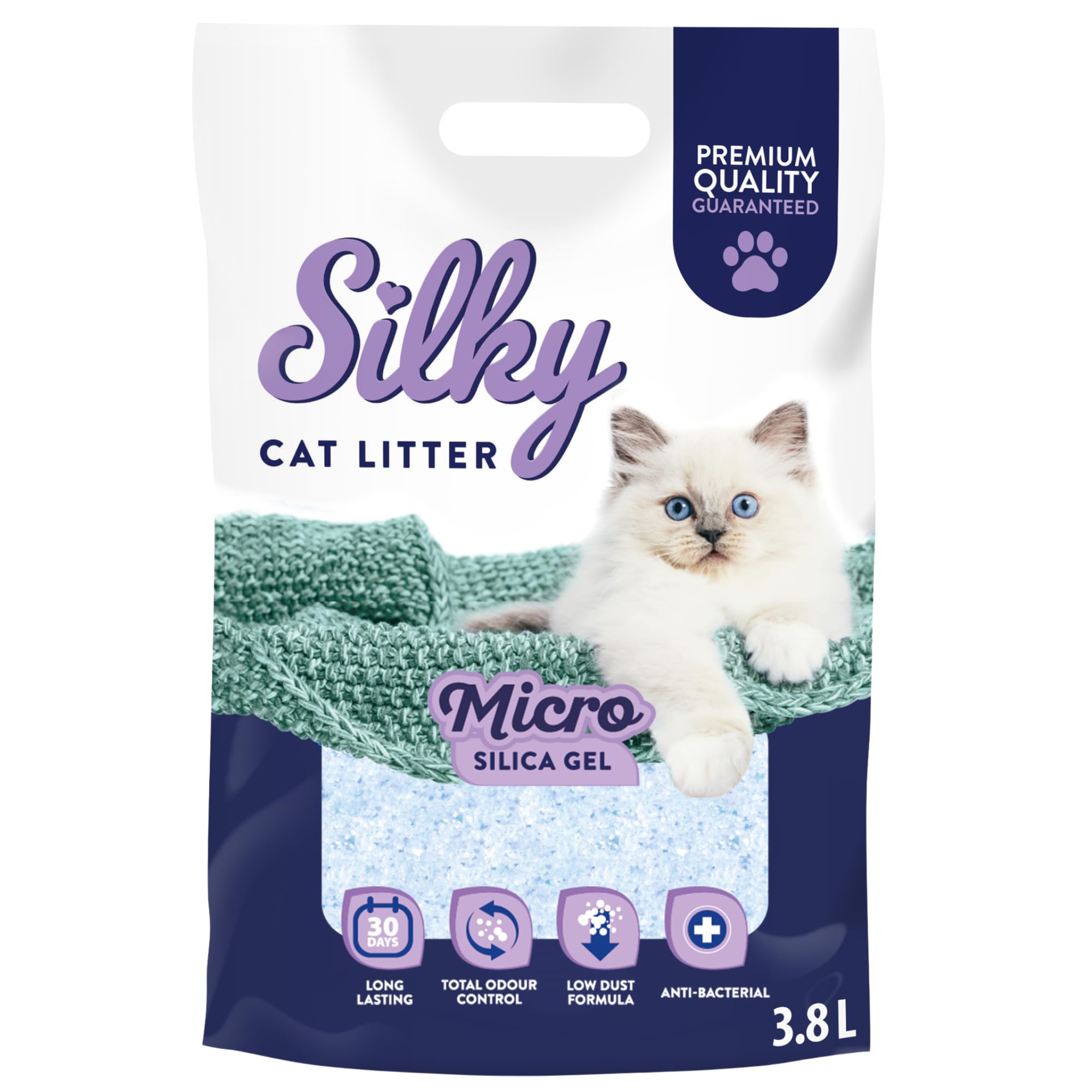 Silky Mikro Silikat-Katzenstreu 3,8L | 30,4L Satz | Staubfrei, Geruchskontrolle, Saugfähig, Bakterienhemmend, Sanft zu Pfoten, Lang anhaltende Frische, Silica |8er-Pack