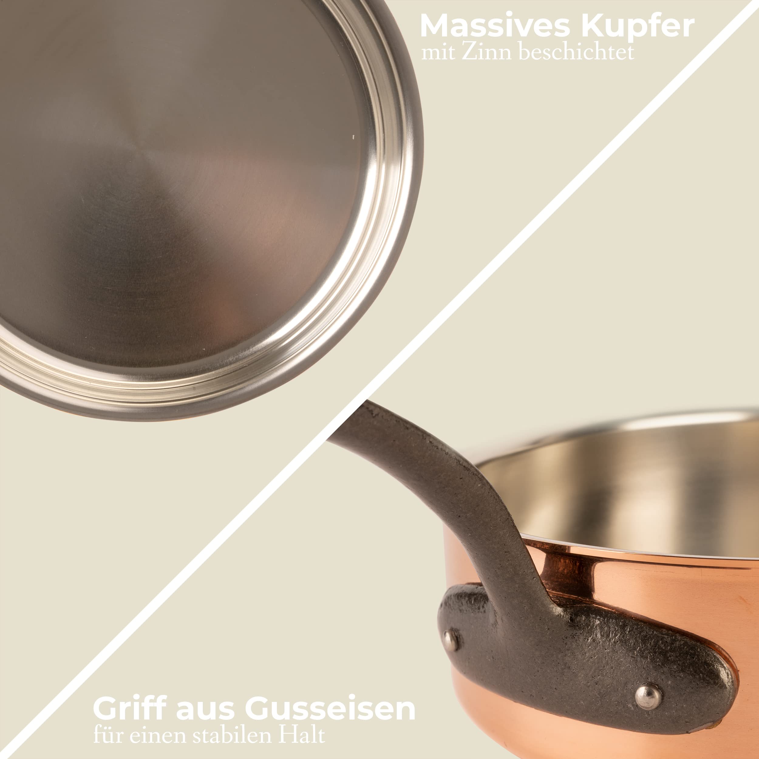Kupfersauteuse verzinnt mit Gusseisengriff und Deckel Ø 24 cm | traditionelle Schmorpfanne aus massivem Kupfer | Pfanne aus Frankreich mit hohem Rand (24 cm)