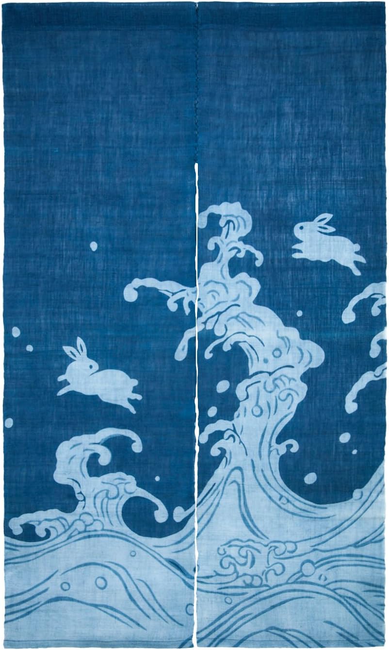 Japanese Tapestry Noren Curtain Long Linen - Jumping Rabbits Playing in Water