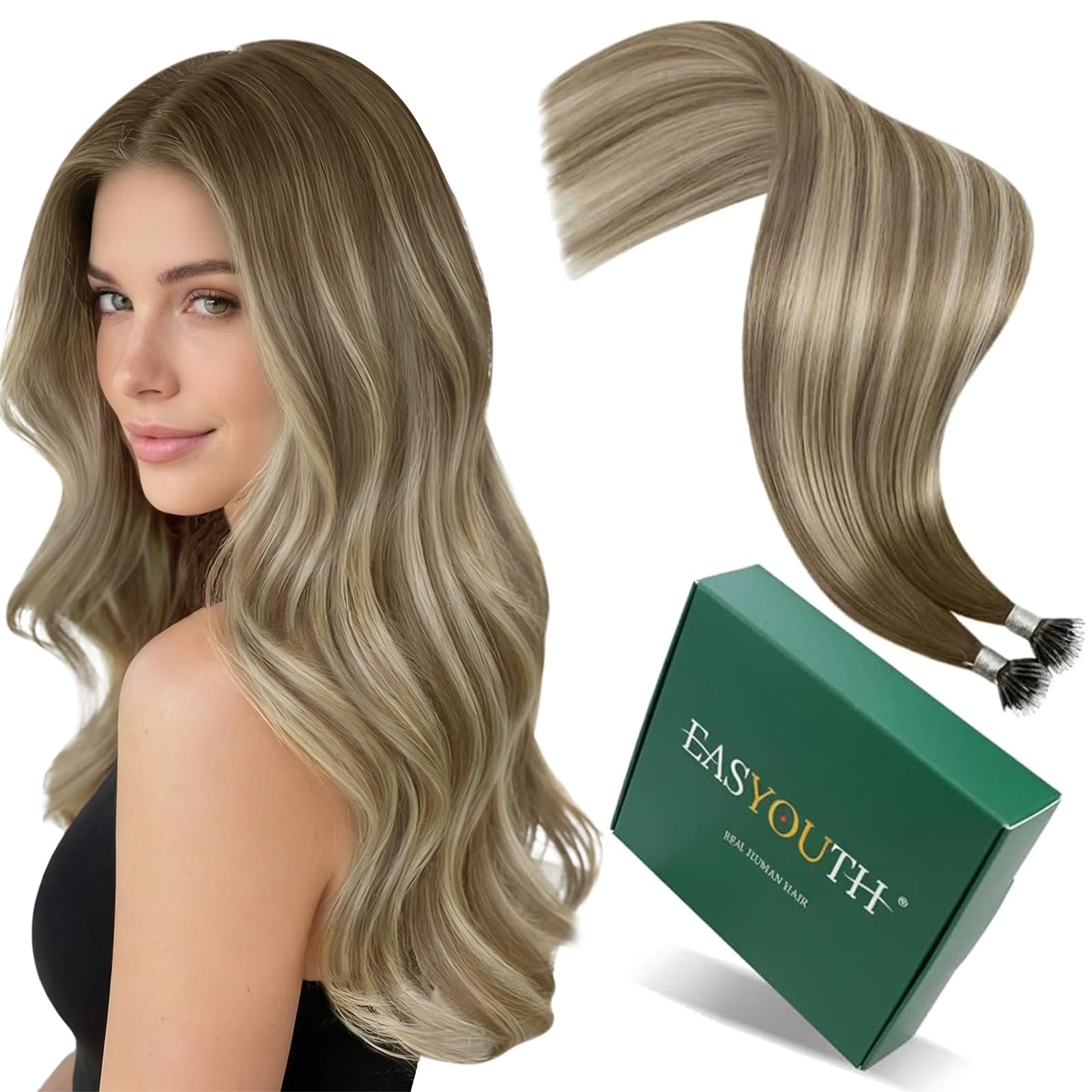 Easyouth Nano Beads Hair Extensions Human Hair Ombre Dark Brown to Brown with Blonde Nano Ring Hair Extensions Balayage 16In 50G Real Human Hair