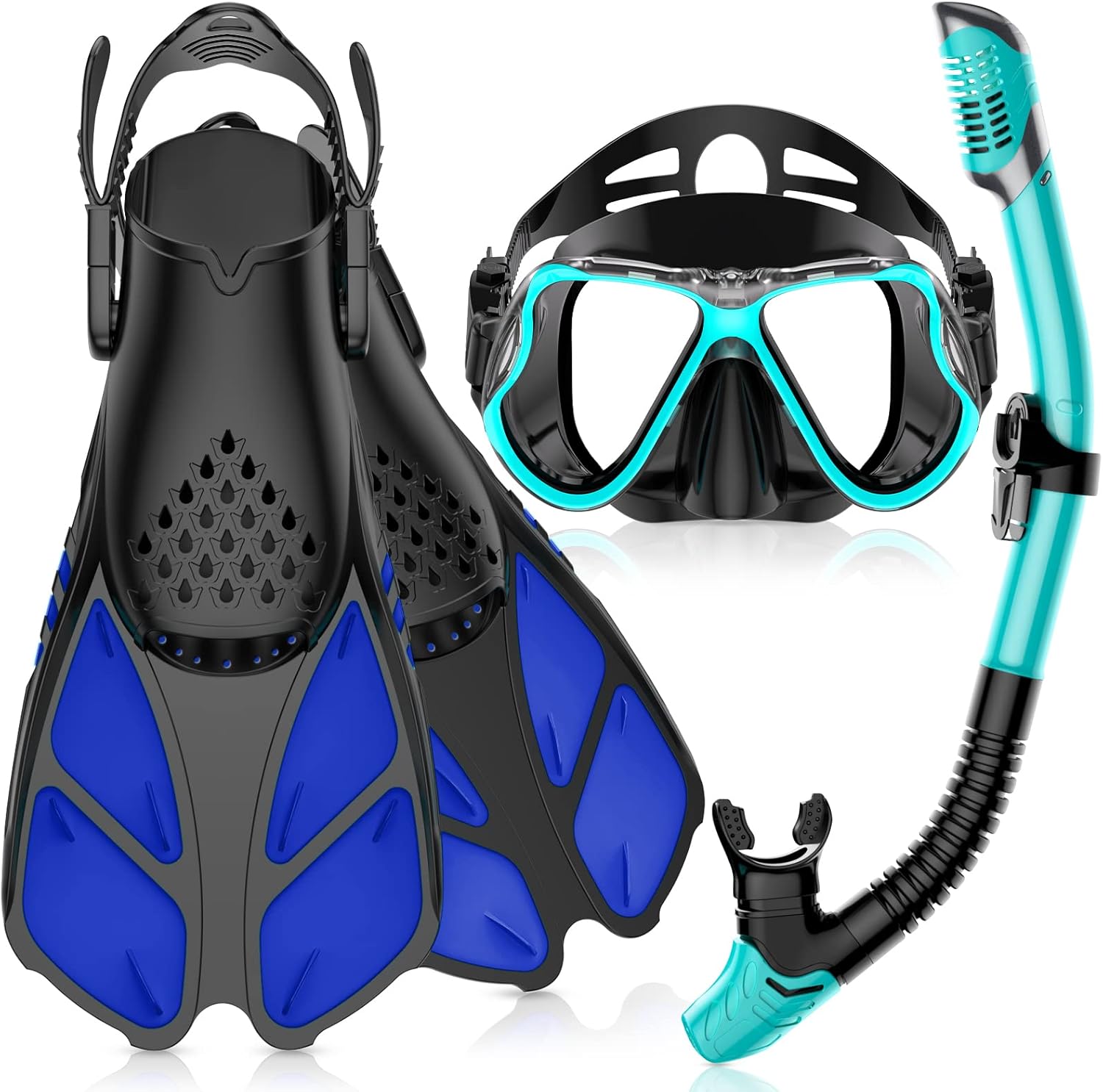 Greatever Snorkeling Gear for Adult, Mask Fins Snorkel Set Combo Ideal Gift for Swimming or Diving (Black Green-Blue-S)