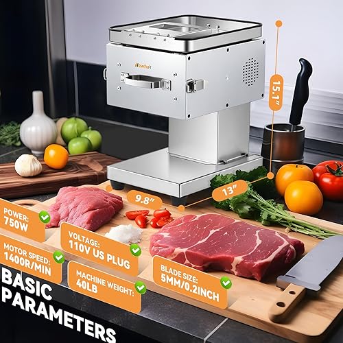 Miniatura 6 de Newhai Cortadora de carne de 0.197 in Máquina cortadora de carne eléctrica Cortadora de carne cruda Cuchilla desmontable Acero inoxidable 110V US