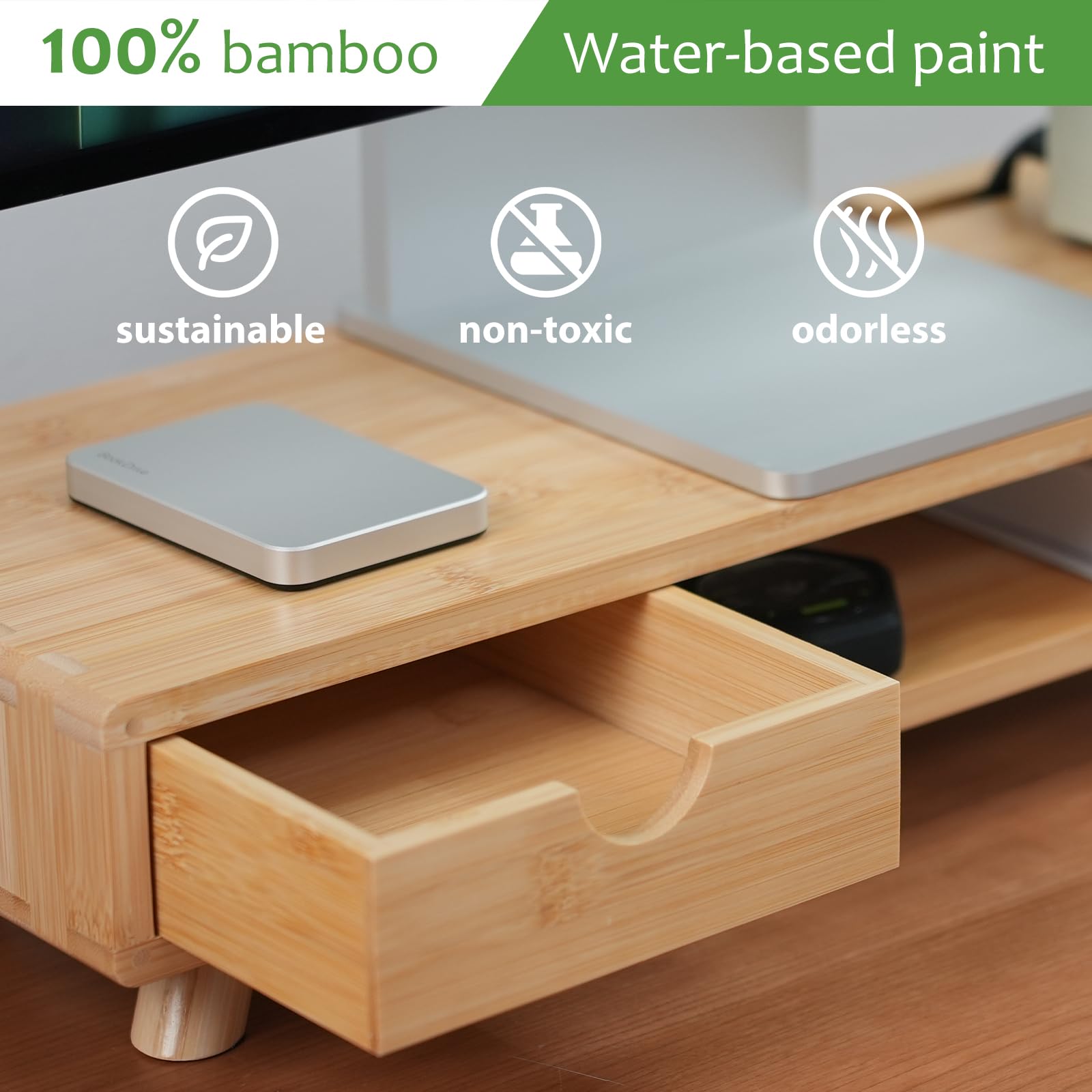 Supporto per monitor in bambù con cassetto, alzata ergonomica per computer per scrivania con gestione dei cavi e organizer per archiviazione, supporto per monitor in legno per casa e ufficio