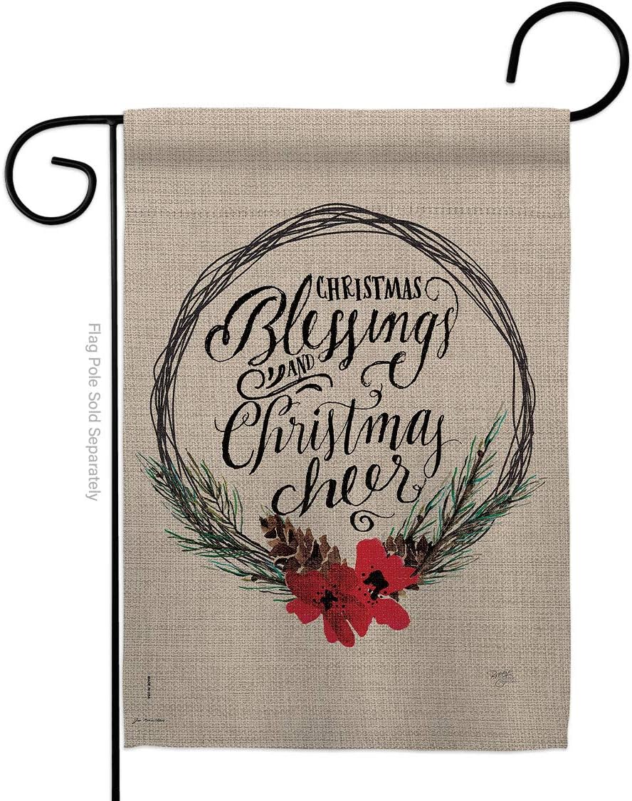 Christmas Blessings House Flag Dowel Set Wintertime Santa Marry Xmas Present Reindeer Season Snow Small Decorative Gift Yard Banner Made In USA 28 X 40