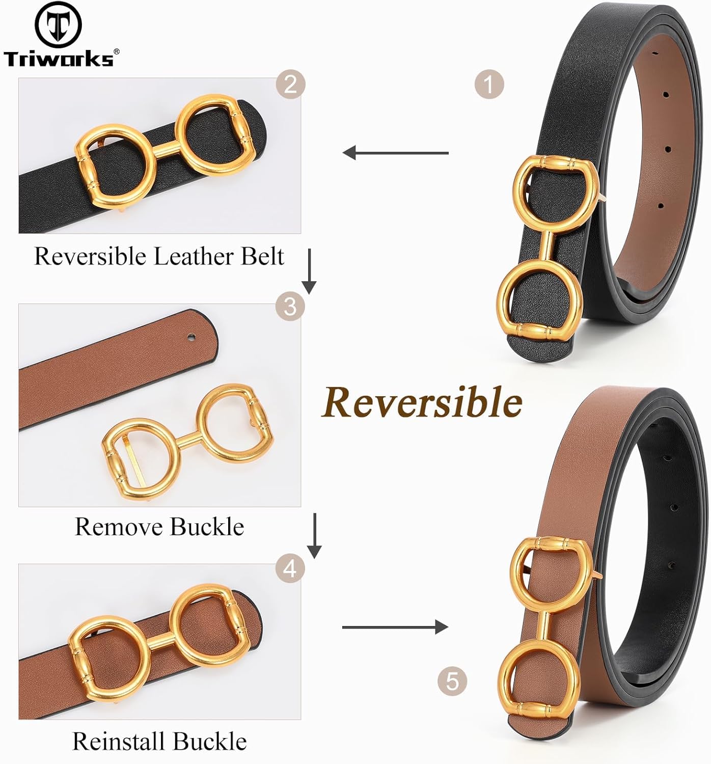 TRIWORKS Reversible Leather Belt for Women, Fashion Ladies Belt for Jeans Pants Dress Width:0.9" - Image 5