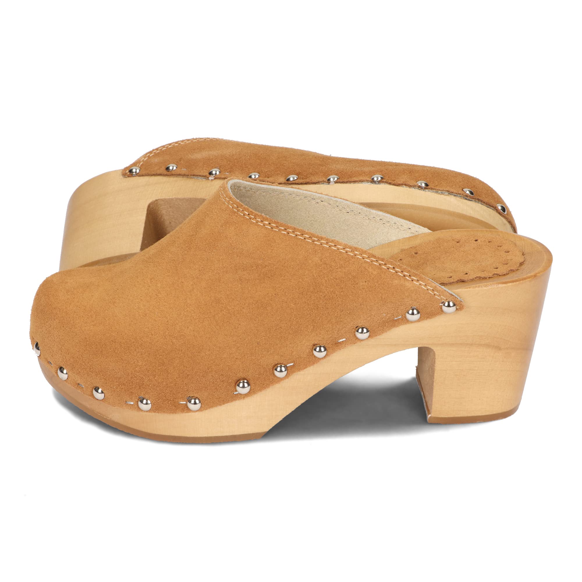 BeComfy Femme Sabots Suède Talons Hauts Mules Naturel Cuir Daim Chaussures en Bois 35-41 EU