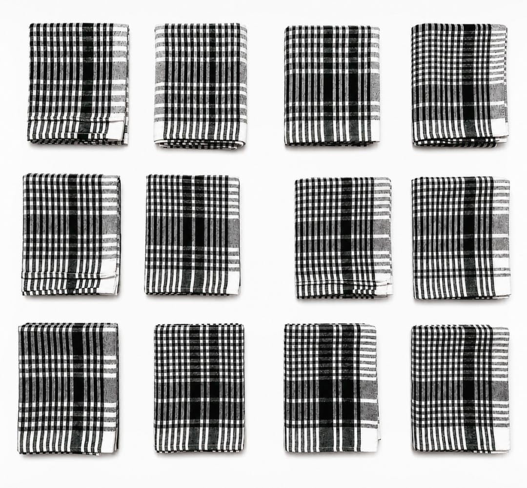 Cotton Checkered Handkerchiefs – Pack of 12 | PCS Cotton Checkered Gamcha Handkerchief Set, Soft & Absorbent, Black & White-image-27