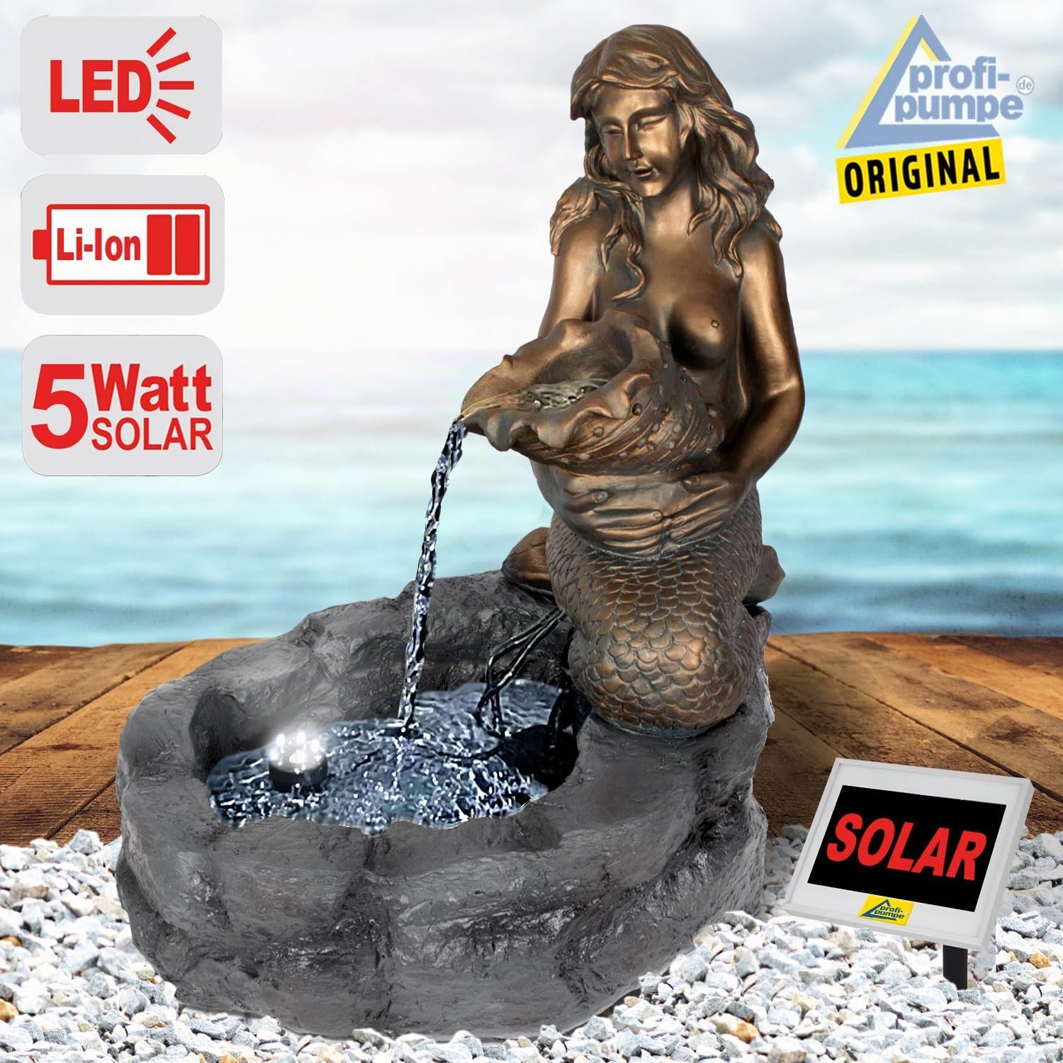 Fuente Solar para jardín MEERJUNGFRAU Am TEICH, Cascada, luz para jardín Bomba para Estanque para balcón Modelo con función de Arranque instantáneo de la Bomba con batería de Iones de Litio y luz LED