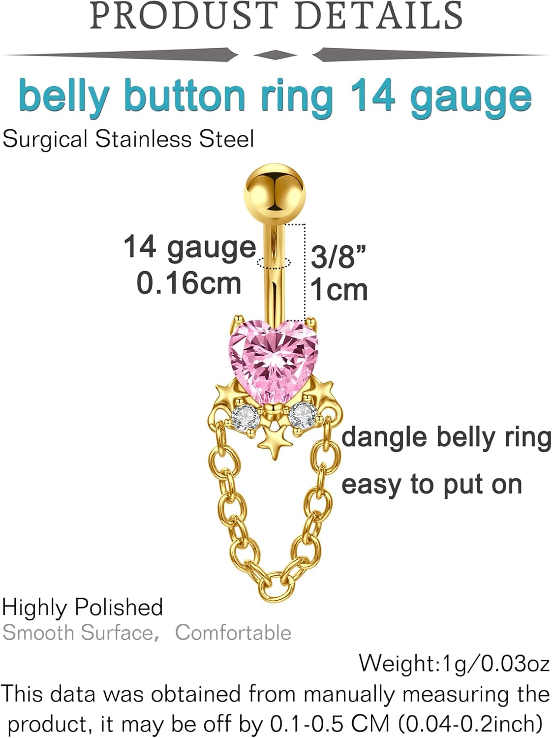 QWALIT Dangle Belly Button Ring Surgical Steel Hypoallergenic Gold Belly Ring for Women Dangly Navel Piercing Jewelry Dangling Pink Heart Flower Trendy Dainty Navel Rings for Women - Image 2