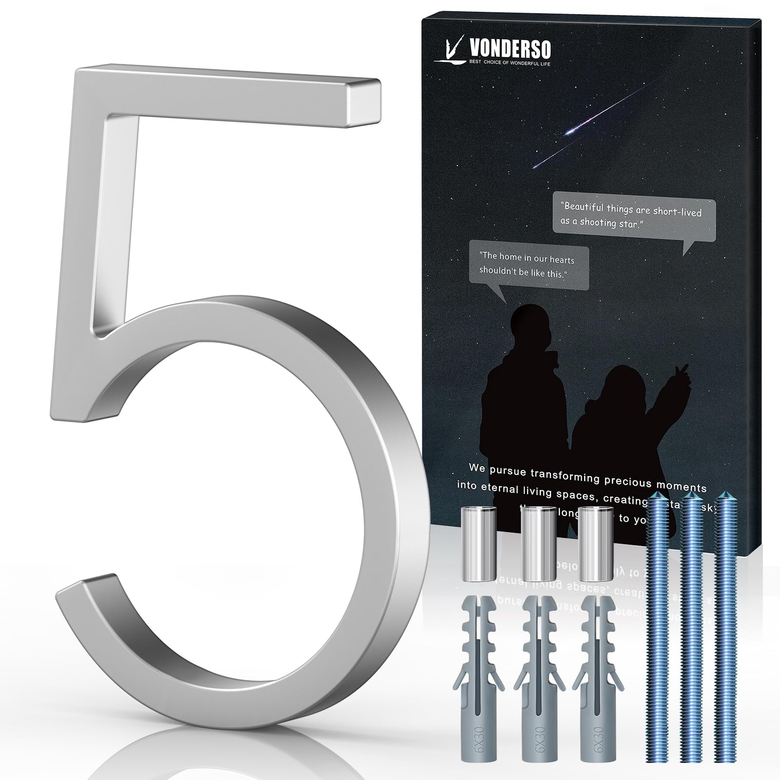 5 Inch Floating House Numbers and Letters for Outside,Silver Metal Modern Outdoor Address Sign for Yard Street and Mailbox, Zinc Alloy Solid Address Numbers and Letters,number 5