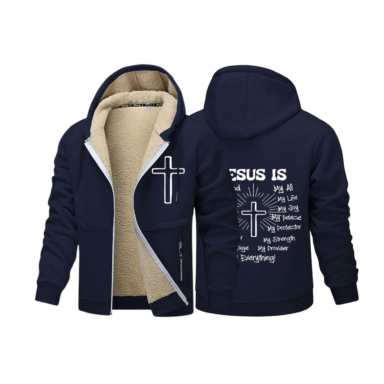 Generisch Veste polaire doublée avec capuche, manteau d'hiver chaud avec fermeture éclair intégrale, pull doux et chaud pour temps froid, douillet et confortable (bleu marine, XXXL)