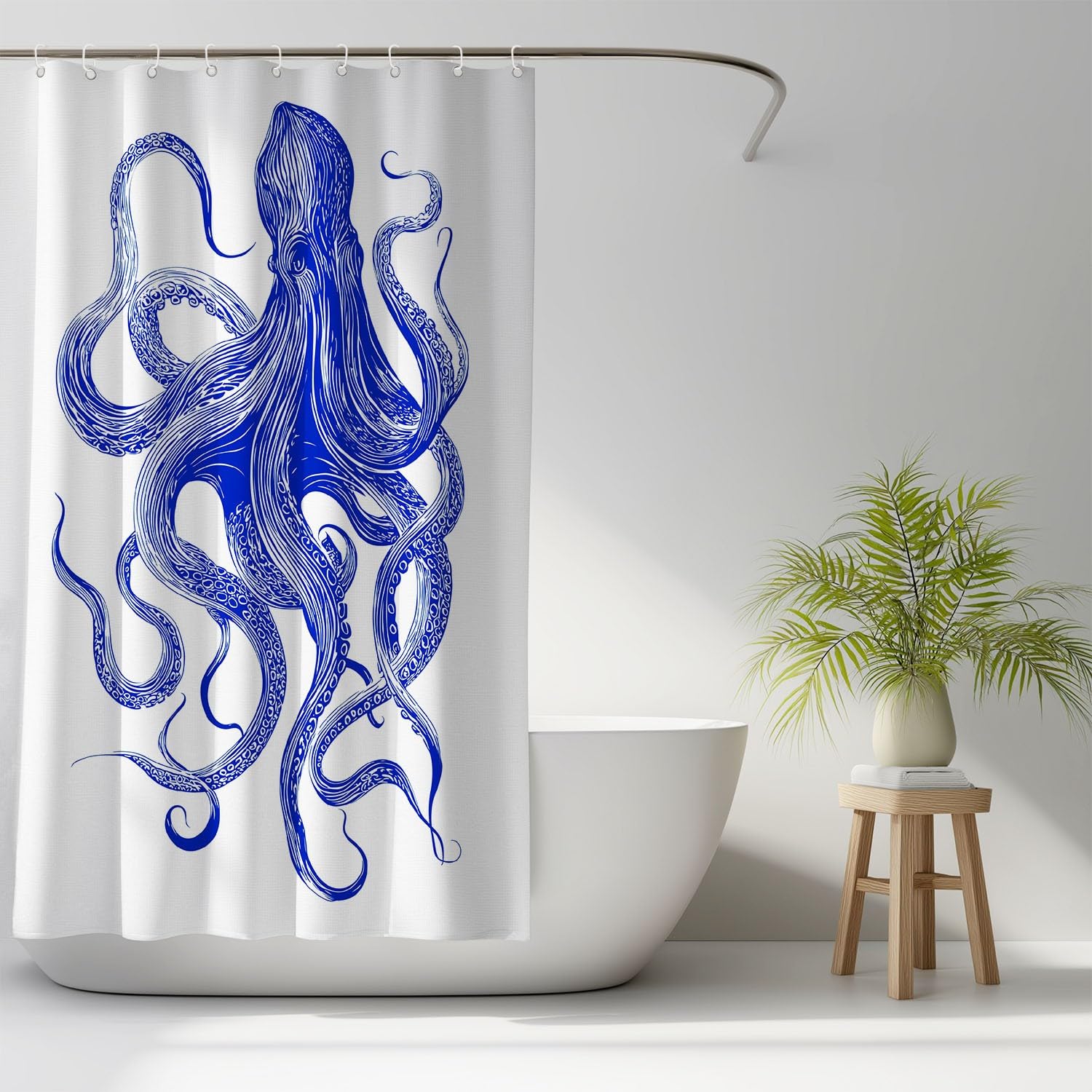 Generico Minimalista Tenda Da Doccia Fantasia Astratto Polpo Blu Bianco, Tenda Da Doccia Per Bagno, Vasca Da Bagno, Tenda In Poliestere Impermeabile Con Ganci In Plastica, 200 x 200 cm