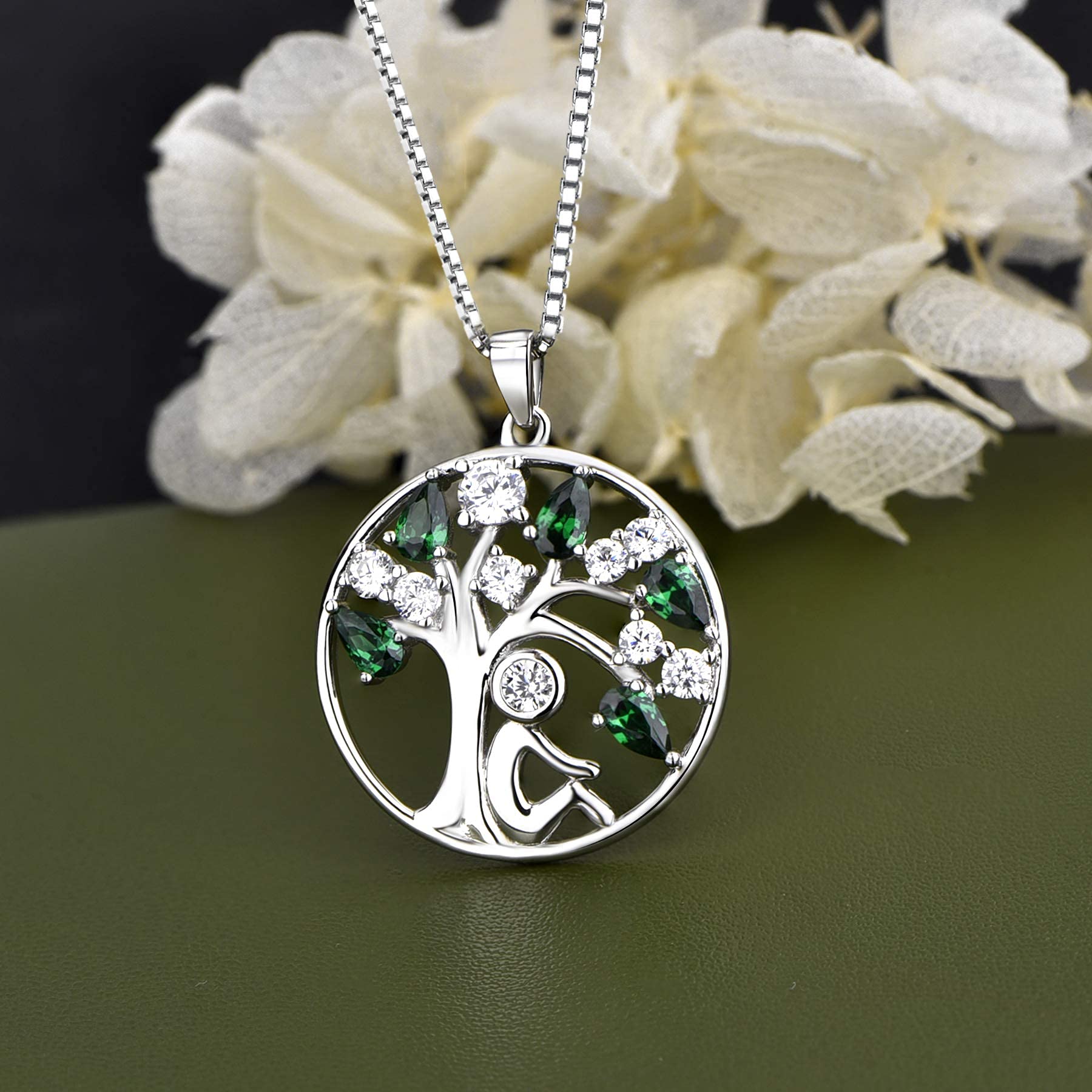 YL Collana Albero della Vita Argento 925 con 12 Pietra portafortuna Zirconia cubica Ciondolo per Donna,45+3 CM