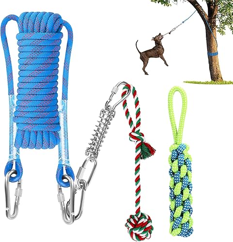 SubClap Juguete retráctil para perros con cuerda de 32.8 pies y poste de resorte y 2 juguetes de cuerda para masticar Pitbull, mediano a grande,
