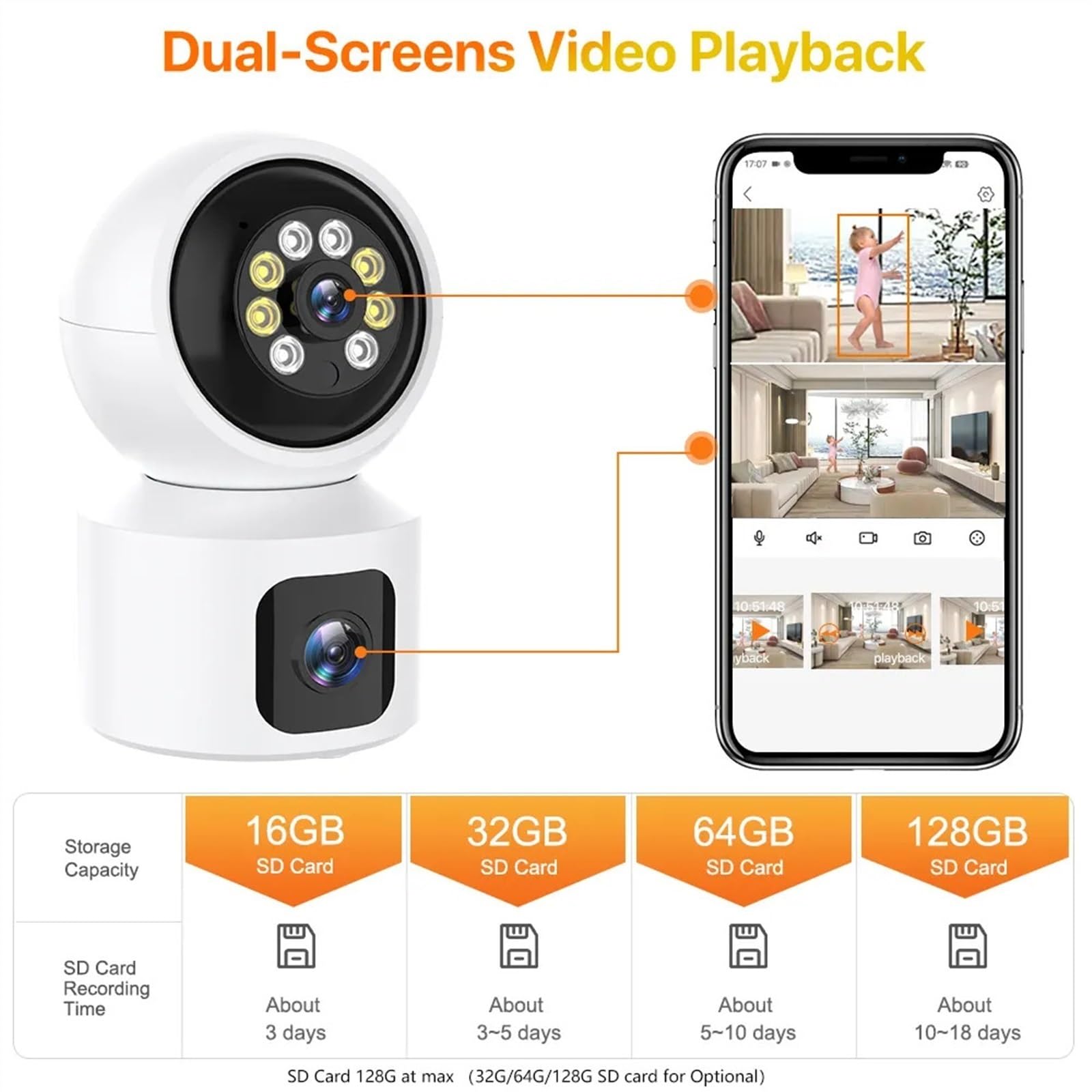 PIRKO 8MP Double Objectif WiFi IP caméra intérieure 4K HD Double écran Maison bébé Moniteur AI détection Humaine Mini caméra PTZ Surveillance de sécurité(Camera Add 32G)