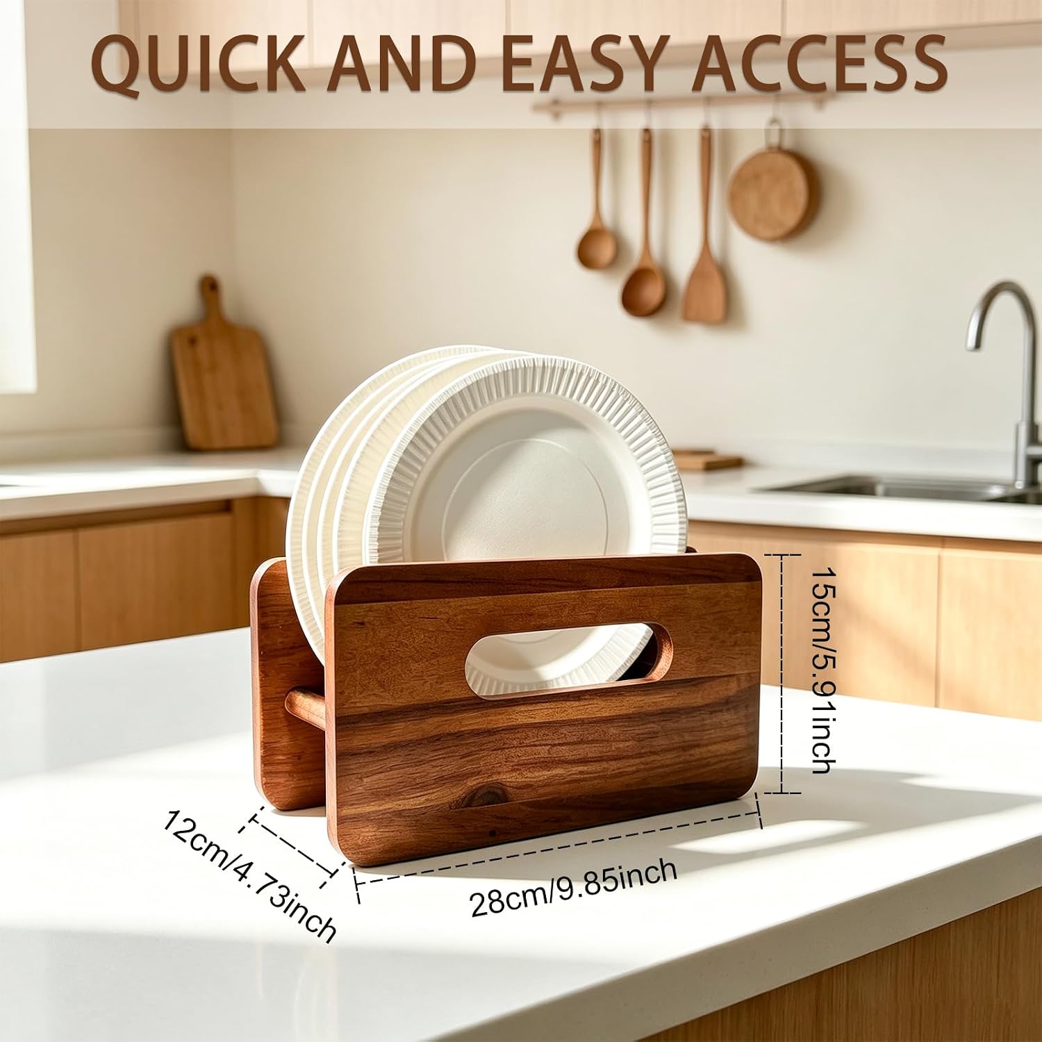 Paper Plate Organizer, Wood Plate Dispenser for 7-12 Inches Plates