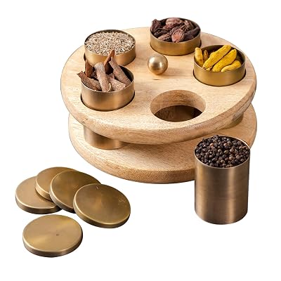 nestroots masala box for kitchen spice box | Anjarai petti for kitchen wooden masala box 5 jars spice container (9 inch 