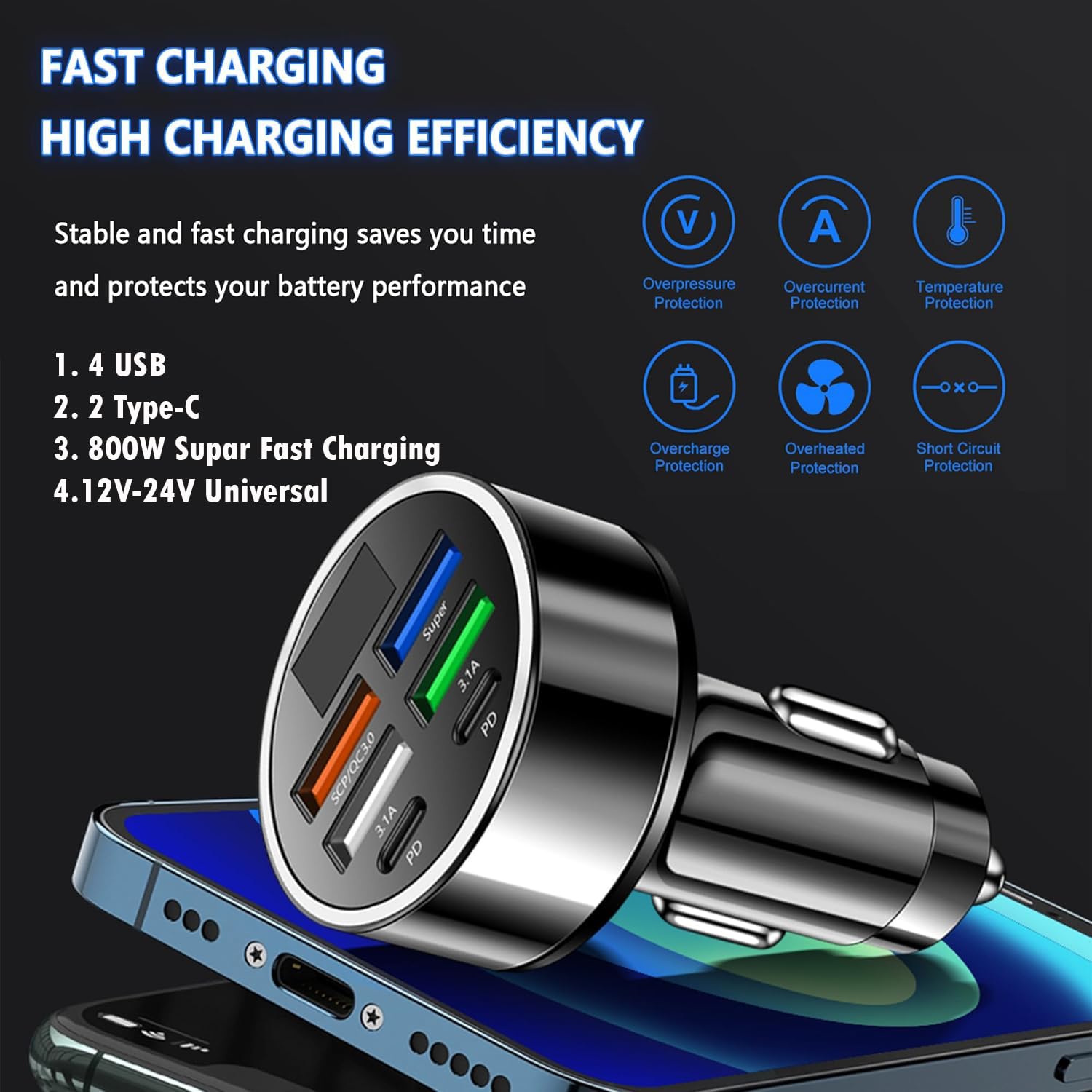 Spiaty 800W Car Charger - 6 Ports Fast Charging -2