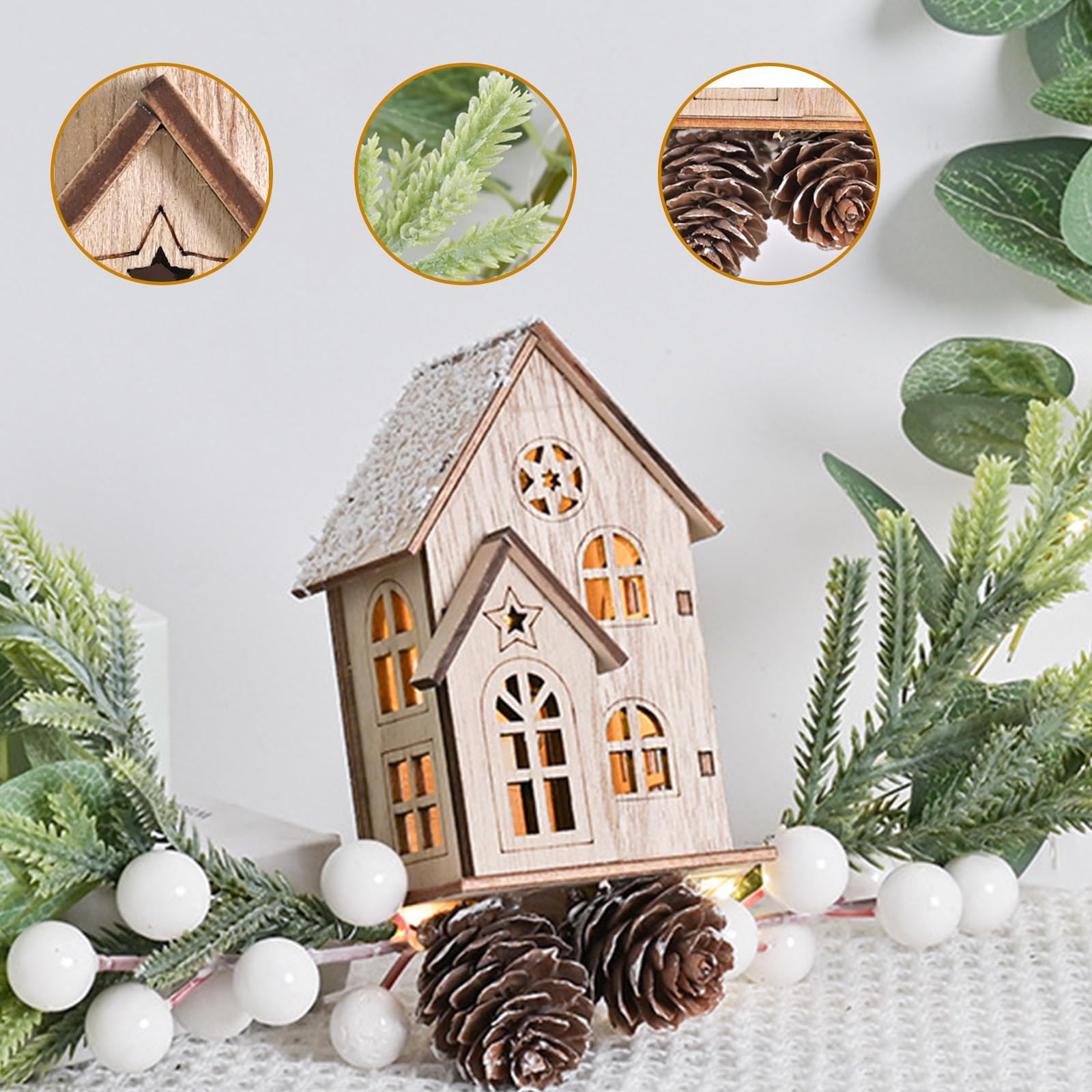Fensterdeko Weihnachten LED Dekoring mit Holzhaus, Kranz zum Aufhängen Fenster 30cm mit 20 LED Beleuchtet, Deko Weihnachten Hänge Metall Ring mit Kunstblumen, Winter Deko Fenster Deko