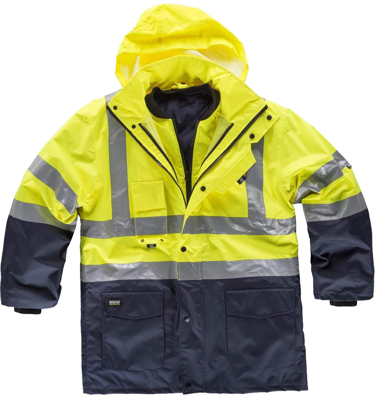 WORKTEAM Parka Convertible 5 en 1 Impermeable Alta Visibilidad, Reversible y Desmontable, con Cintas Reflectantes, Protección Frío y Lluvia. Hombre