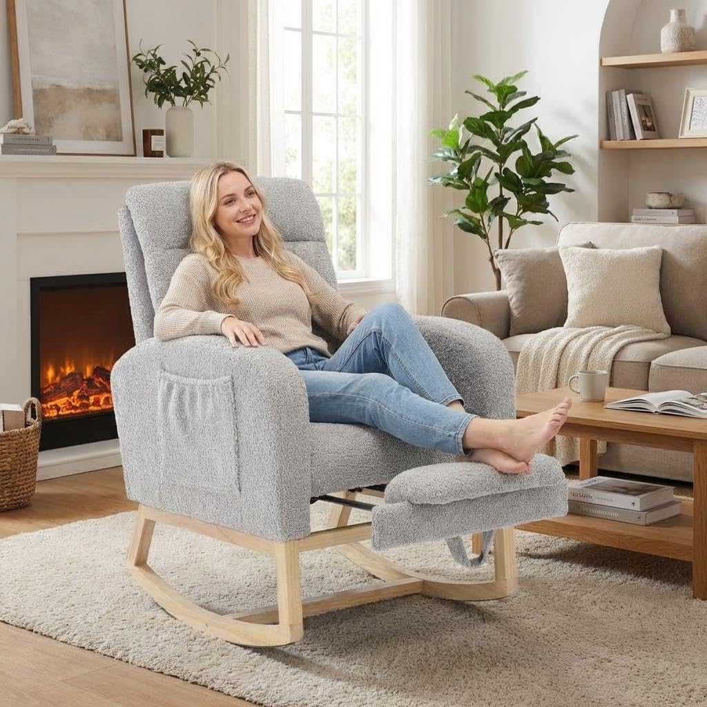 Aptliton Modern Upholstered Rocking Chair, High Back Recliner with Adjustable Footrest, Soft Cushioned Seat & Side Pocket, Sturdy Wood Frame Accent Lounge Chair for Living Room Nursery Bedroom