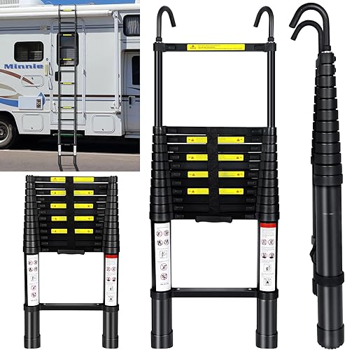 Escalera telescópica de aluminio plegable de 12.5 pies con gancho, escalera plegable multiusos, capacidad de carga de 330 libras, para el hogar,