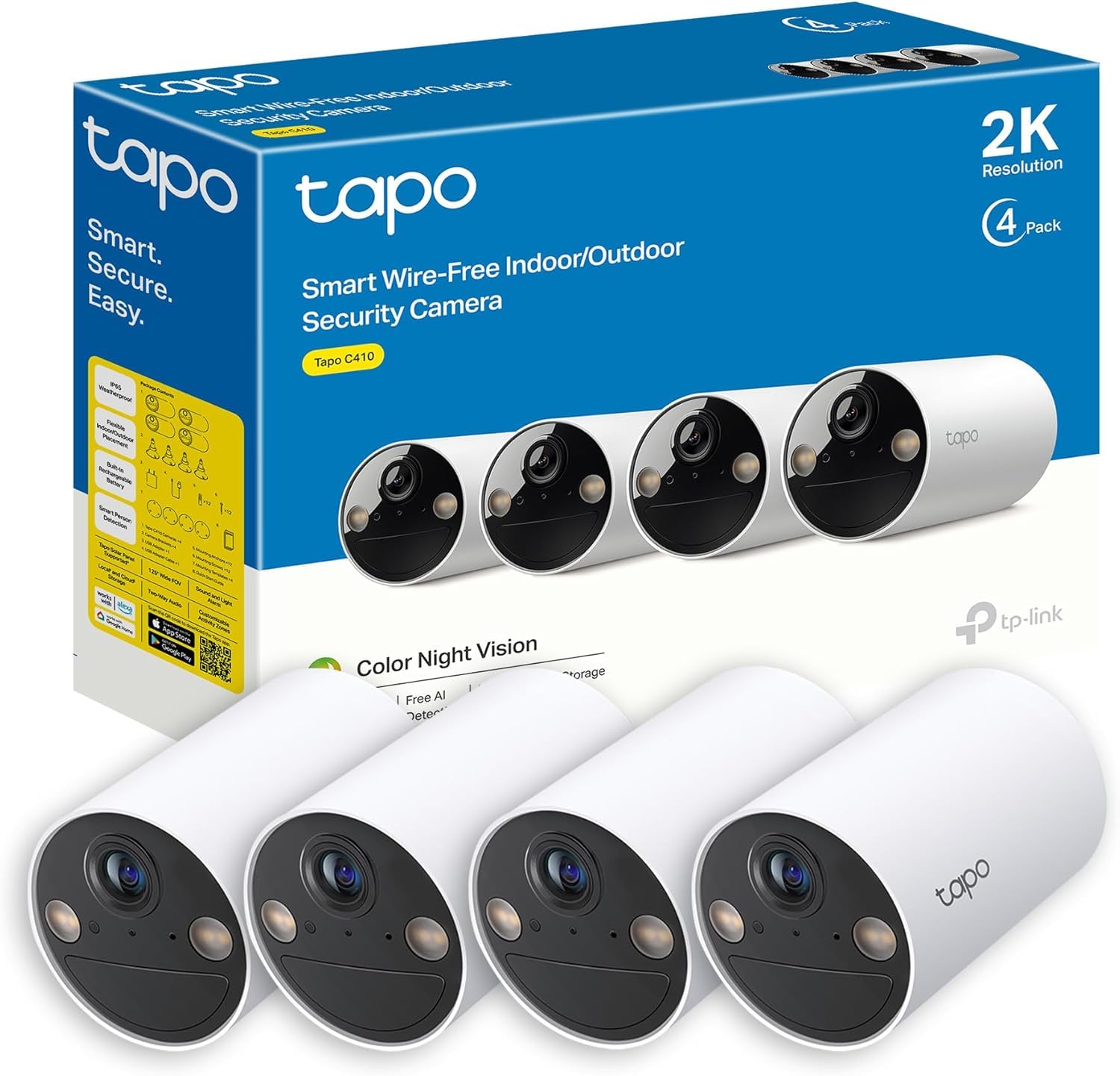 Tapo C410(4-Pack)-Cámara vigilancia WiFi Exterior, 2K, 180 Días de Batería | Detección de Movimiento y Personas. Con Panel Solar. Batería 6400mAh. Visión Nocturna a Color. Alarma Luz y Sonido. App Tapo.