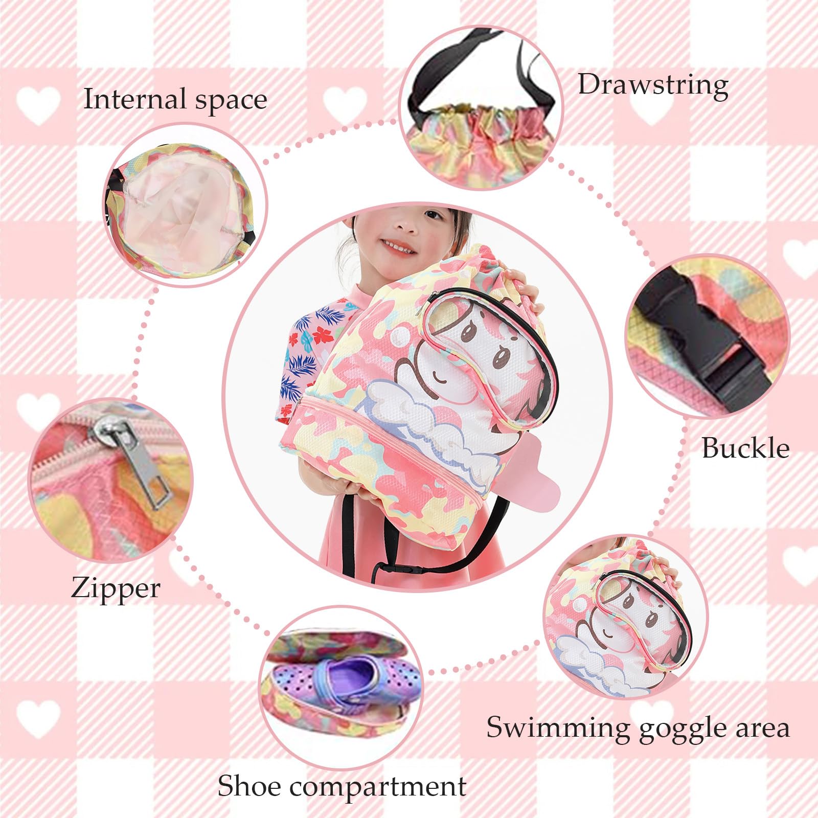 Sac Piscine Enfant avec Cordon, Séparation Sèche et Humide, Sac de Sport Réglable Rose