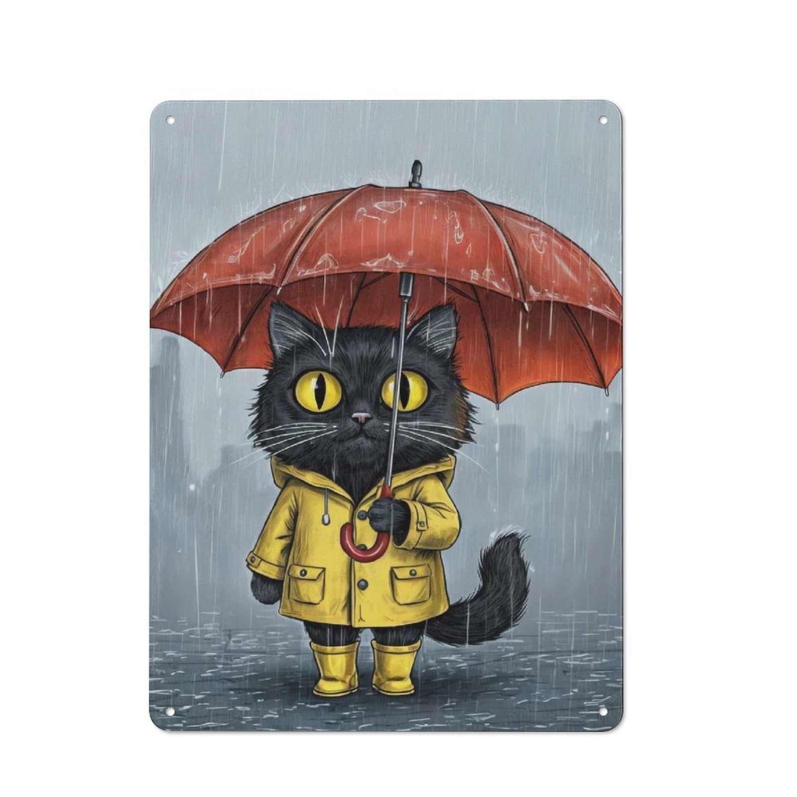 Junmoney Style-10 Black Cat In Raincoat With Umbrella Rustic Tin Sign 40X30cm For Café Or Restaurant, For Café Owners And Decorators, For Retro Home Interiors