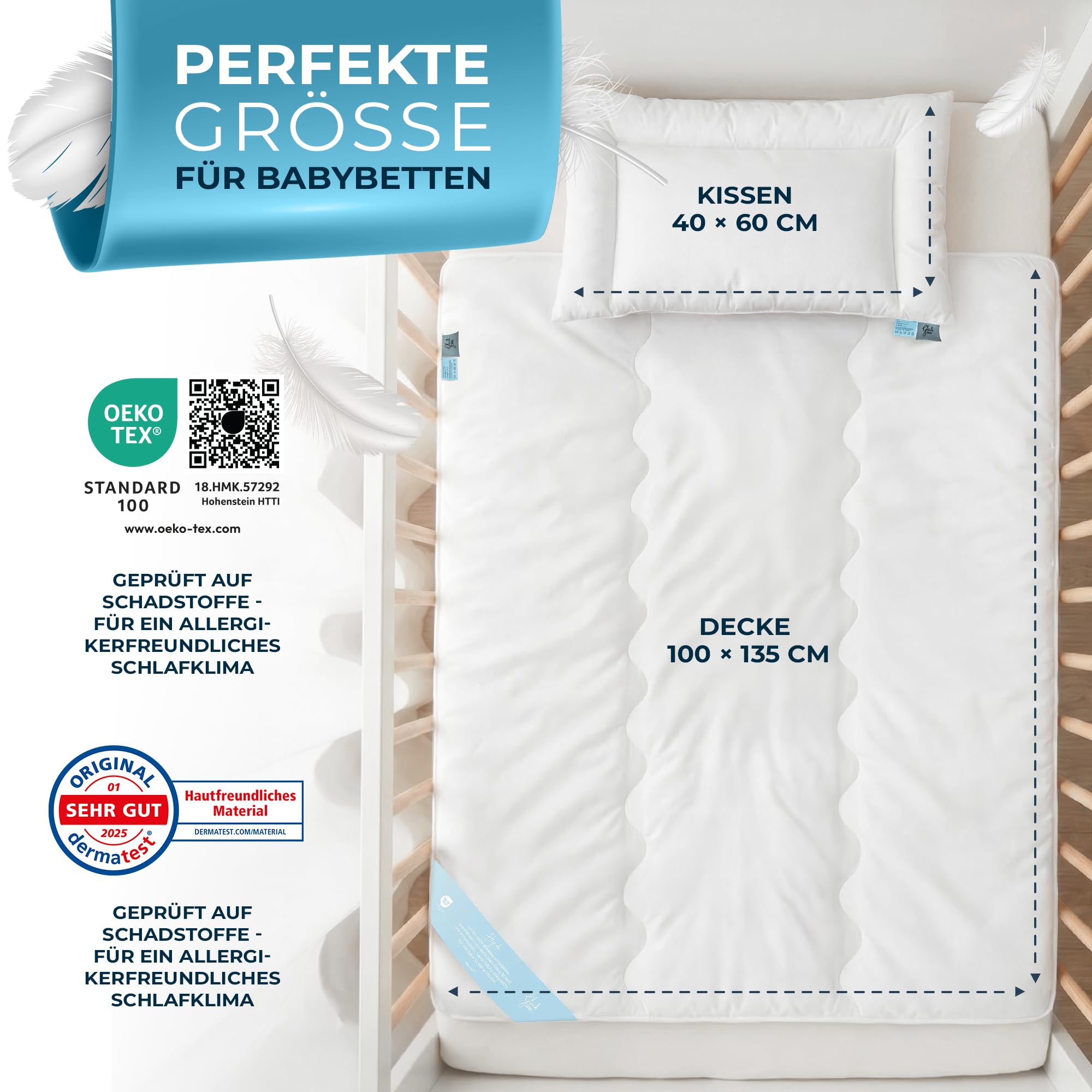 Glückstoff® Kinder Bettdecken Set [BETTDECKE & Kissen] - Baby Bett Set - Kinderbettdecke 520g - Ganzjahres Bettdecke & Kissen flach für Babys - Babybettdecke - Bettwäsche Kleinkind (100x135; 40x60)