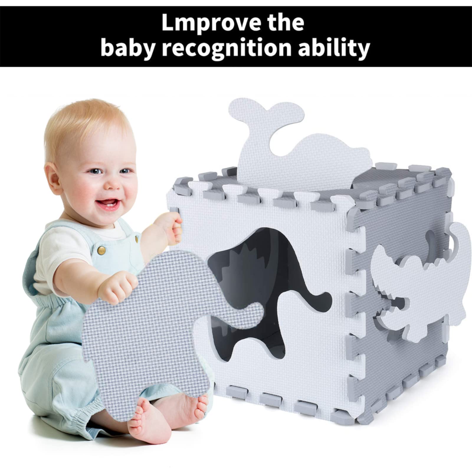 Tappetino Puzzle Bambini 16 Pezzi - Schiuma EVA Sicura 30x30 Cm Grigio E Bianco