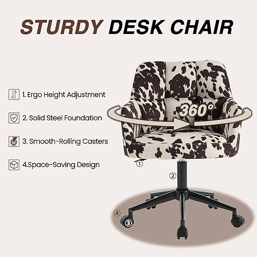 Miniatura 5 de Silla de escritorio moderna giratoria para oficina en casa con ruedas y brazos, terciopelo estampado de vaca, altura ajustable, cómoda, ergonómica,
